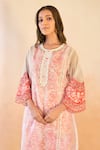 Buy_Nero India_Red Cotton, Organza, Linen Embroidery Round Neck Rose Floral Kurta And Pant Set _Online_at_Aza_Fashions