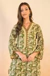 Buy_Nero India_Olive Green Cotton Embroidery V-neck Petal Scallop Kurta And Pant Set _Online_at_Aza_Fashions