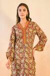 Shop_Nero India_Red Cotton Embroidery V-neck Ruby Petal Scallop Kurta And Pant Set _Online_at_Aza_Fashions