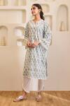 Shop_Nero India_Blue Cotton Embroidery V-neck Charm Kurta With Tulip Pants _Online_at_Aza_Fashions