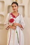 Shop_Nero India_White Handloom Cotton Embroidery V-neck Red Rose Khaadi Kurta Set _Online_at_Aza_Fashions