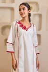 Nero India_White Handloom Cotton Embroidery V-neck Red Rose Khaadi Kurta Set _at_Aza_Fashions