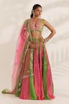 Manisha Soni Couture_Pink Satin, Georgette, Net Mirrors V-neck Embroidered Bandhani Lehenga Set _at_Aza_Fashions