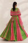 Shop_Manisha Soni Couture_Pink Satin, Georgette, Net Mirrors V-neck Embroidered Bandhani Lehenga Set _at_Aza_Fashions