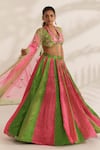 Buy_Manisha Soni Couture_Pink Satin, Georgette, Net Mirrors V-neck Embroidered Bandhani Lehenga Set 