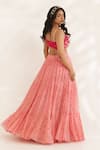 Shop_Manisha Soni Couture_Peach Georgette, Organza Mirrors Scoop Neck Coral Bandhani Lehenga Set _at_Aza_Fashions
