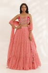 Buy_Manisha Soni Couture_Peach Georgette, Organza Mirrors Scoop Neck Coral Bandhani Lehenga Set _at_Aza_Fashions