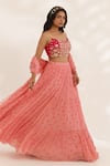 Buy_Manisha Soni Couture_Peach Georgette, Organza Mirrors Scoop Neck Coral Bandhani Lehenga Set _Online_at_Aza_Fashions