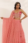 Shop_Manisha Soni Couture_Peach Georgette, Organza Mirrors Scoop Neck Coral Bandhani Lehenga Set _Online_at_Aza_Fashions