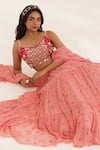 Manisha Soni Couture_Peach Georgette, Organza Mirrors Scoop Neck Coral Bandhani Lehenga Set _at_Aza_Fashions