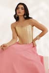 Shop_Manisha Soni Couture_Coral Silk, Crepe Gota Patti, Embroidery Square Neck Peach Bandhani Lehenga Set _Online_at_Aza_Fashions