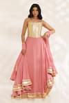 Buy_Manisha Soni Couture_Coral Silk, Crepe Gota Patti, Embroidery Square Neck Peach Bandhani Lehenga Set _at_Aza_Fashions