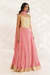 Manisha Soni Couture_Coral Silk, Crepe Gota Patti, Embroidery Square Neck Peach Bandhani Lehenga Set _at_Aza_Fashions