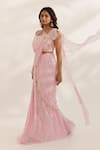 Manisha Soni Couture_Pink Georgette, Silk Embroidery, Beads Asymmetric Pastel Hand Saree Set _Online_at_Aza_Fashions