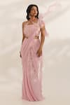 Buy_Manisha Soni Couture_Pink Georgette, Silk Embroidery, Beads Asymmetric Pastel Hand Saree Set _Online_at_Aza_Fashions