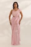 Shop_Manisha Soni Couture_Pink Georgette, Silk Embroidery, Beads Asymmetric Pastel Hand Saree Set _Online_at_Aza_Fashions