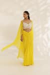 Manisha Soni Couture_Yellow Georgette, Net Embroidery Scoop Neck Bandhani Draped Skirt Set 