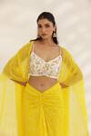 Manisha Soni Couture_Yellow Georgette, Net Embroidery Scoop Neck Bandhani Draped Skirt Set 