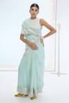 Buy_Ekaya Banaras_Green Organza Pearls Designer Sea Saree And Blouse Set _at_Aza_Fashions
