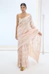 Buy_Ekaya Banaras_Peach Organza Pearls Designer Handwoven Saree Set _at_Aza_Fashions