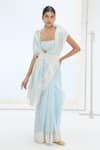 Buy_Ekaya Banaras_Aqua Organza, Silk Pearls Handwoven Striped Saree Set _at_Aza_Fashions