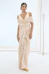 Buy_Ekaya Banaras_Peach Organza, Silk Pearls V-neck Designer Handwoven Saree Set _at_Aza_Fashions
