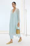 Ekaya Banaras_Aqua Organza, Silk Pearls V-neck Lily Kurta Set In Green _Online_at_Aza_Fashions