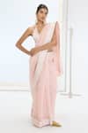 Buy_Ekaya Banaras_Peach Organza, Silk Pearls Handwoven Striped Saree _at_Aza_Fashions