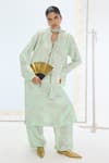 Ekaya Banaras_Green Silk Split V-neck Handwoven Kurta Set _Online_at_Aza_Fashions