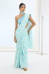Buy_Ekaya Banaras_Blue Silk Pearls Turquoise Handwoven Saree Set _at_Aza_Fashions