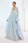 Ekaya Banaras_Blue Silk Pearls Aqua Green Handwoven Lehenga Set _Online_at_Aza_Fashions