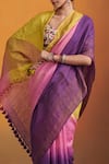 Buy_Dressfolk_Multi Color Linen Tassels V-neck Lime Green And Purple Handloom Saree Set 