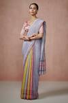Buy_Dressfolk_Multi Color Linen V-neck Multi-color Handloom Saree Set _at_Aza_Fashions