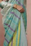 Dressfolk_Blue Linen V-neck Handloom Saree With Blouse _at_Aza_Fashions