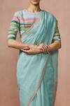 Dressfolk_Blue Linen Round Neck Handloom Saree Set _at_Aza_Fashions