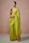 Buy_Dressfolk_Green Linen V-neck Handloom Saree With Blouse _at_Aza_Fashions