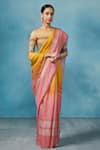 Buy_Dressfolk_Pink Linen Beads Round Neck Handloom And Yellow Saree Set _at_Aza_Fashions