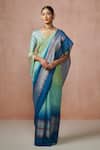 Buy_Dressfolk_Multi Color Linen V-neck Handloom Designer Saree Set _at_Aza_Fashions