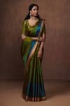 Buy_Dressfolk_Green Tissue V-neck Handloom And Olive Saree Set _at_Aza_Fashions