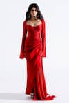 Aroka_Red Modal, Satin Sweetheart Neck Grace Ruched Dress _at_Aza_Fashions