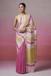 Buy_Dressfolk_Magenta Linen Round Neck And Lime Striped Handloom Saree _at_Aza_Fashions