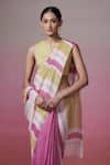 Buy_Dressfolk_Magenta Linen Round Neck And Lime Striped Handloom Saree 