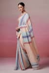 Dressfolk_Peach Linen V-neck And Powder Blue Handloom Saree Set _at_Aza_Fashions