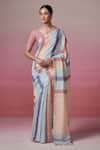 Buy_Dressfolk_Peach Linen V-neck And Powder Blue Handloom Saree Set _at_Aza_Fashions
