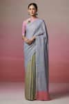 Buy_Dressfolk_Green Linen Embroidery Round Neck And Blue Handloom Saree Set _at_Aza_Fashions