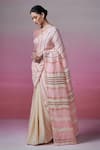 Dressfolk_Beige Linen V-neck And Powder Pink Handloom Saree Set _at_Aza_Fashions