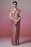 Dressfolk_Pink Linen Embroidery V-neck Handloom Onion Saree Set _at_Aza_Fashions