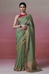 Buy_Dressfolk_Green Linen Halter Neck Sage Handloom Saree Set _at_Aza_Fashions