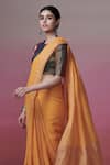 Dressfolk_Yellow Handloom Cotton, Linen Embroidery Round Neck Saree With Blouse _at_Aza_Fashions
