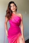 Buy_Aroka_Pink Modal, Satin One Shoulder Rosie Ruched High Slit Dress _at_Aza_Fashions